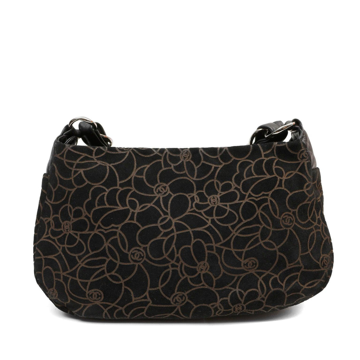 Chanel BlackxBrown Suede Shoulder Bag w/ Gold Camellias & Silver Hardware