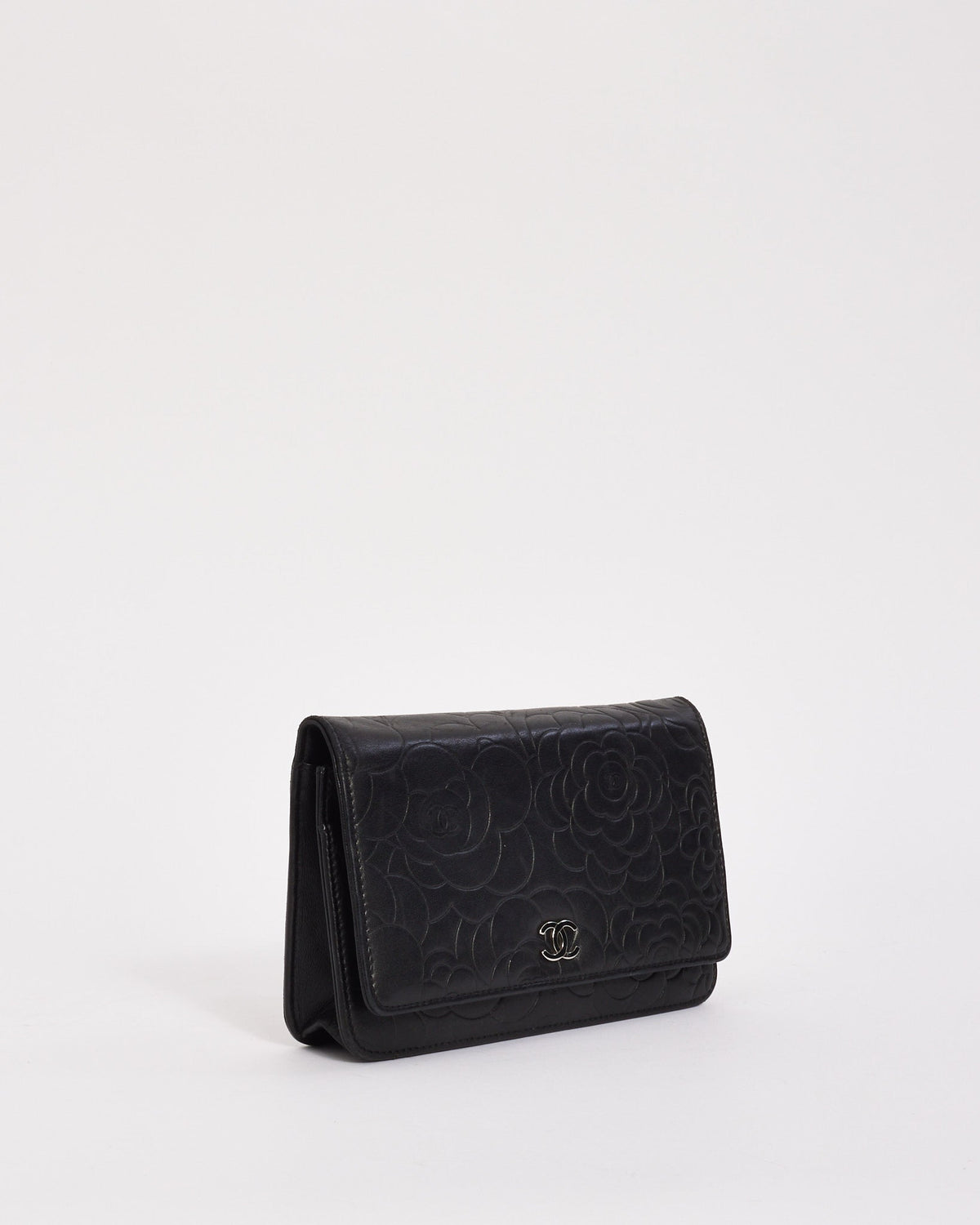 Chanel Black Lambskin Leather Camellia Embossed Wallet on Chain