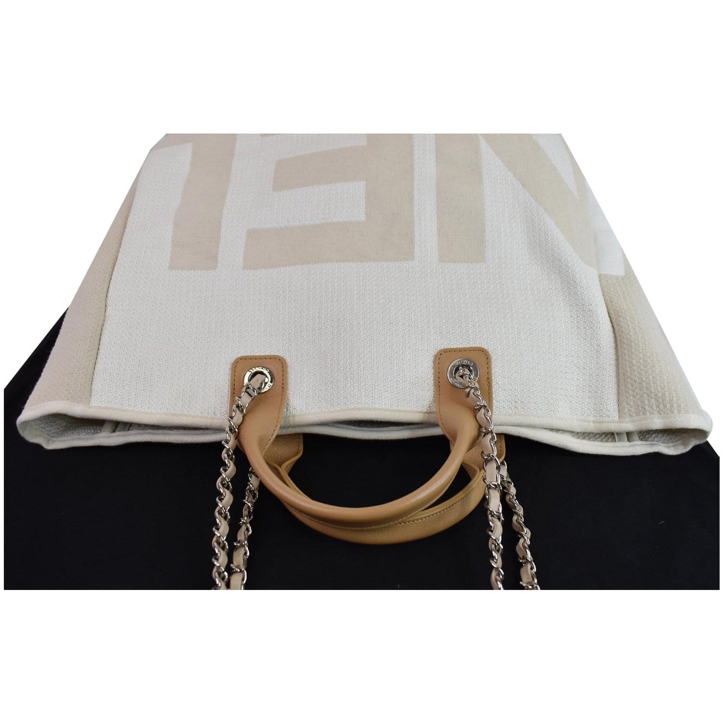 CHANEL 18P Deauville 2Way Logo Chain Shopping Tote Bag Beige
