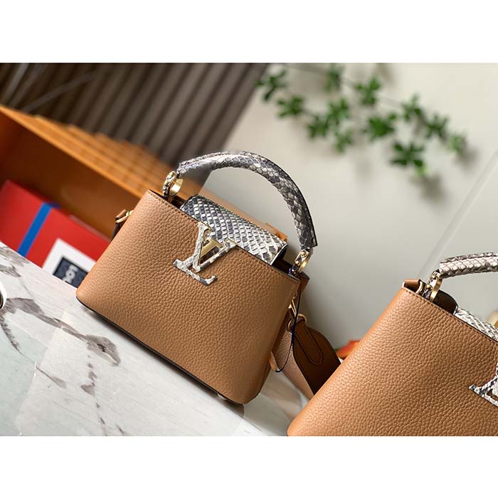Louis Vuitton LV Women Capucines Mini Handbag Golden Yellow Taurillon Leather Python Skin