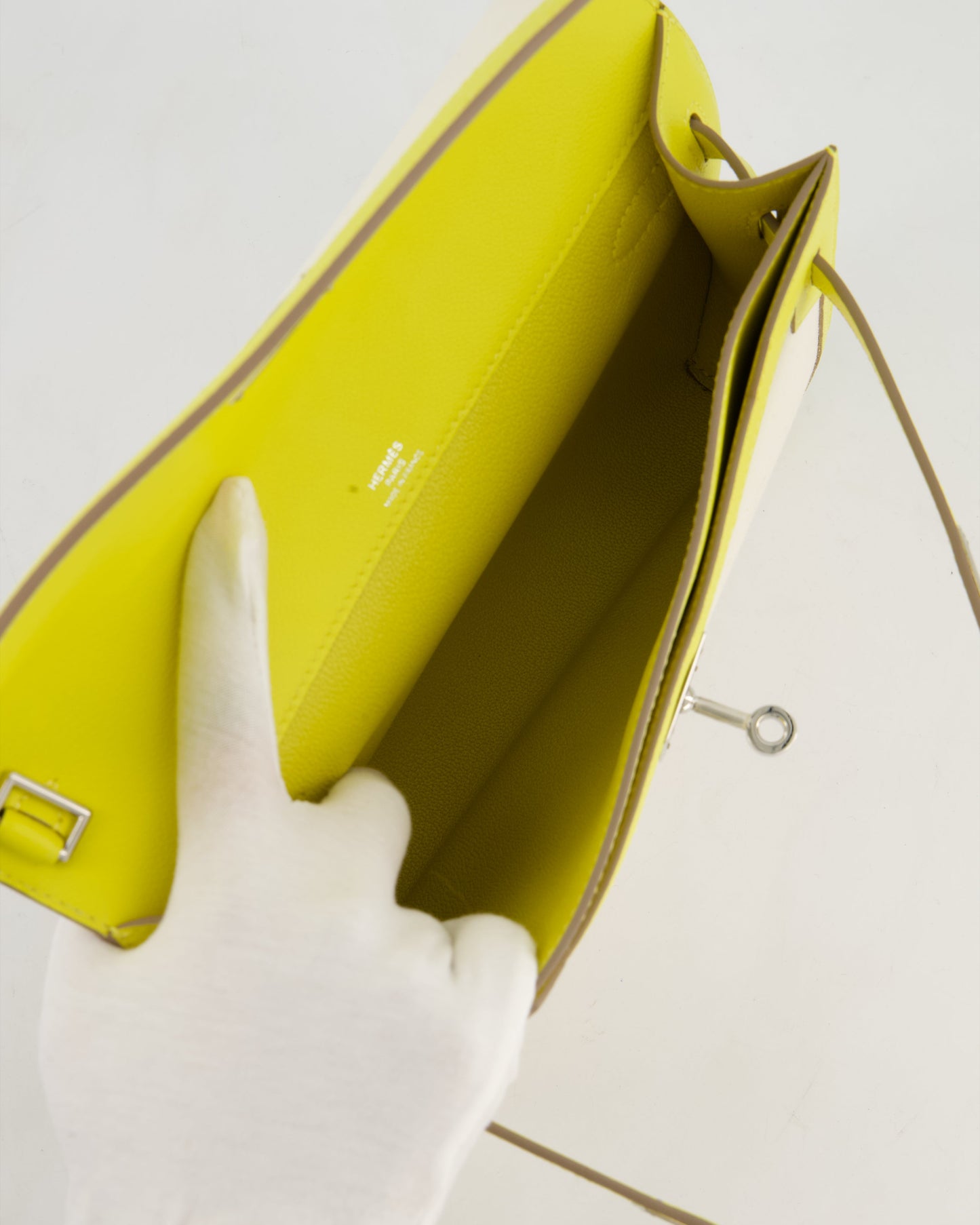 Hermes Kelly Depeches 25 Verso Bag in Ecru Canvas and Jaune Citron Chèvre with Palladium Hardware