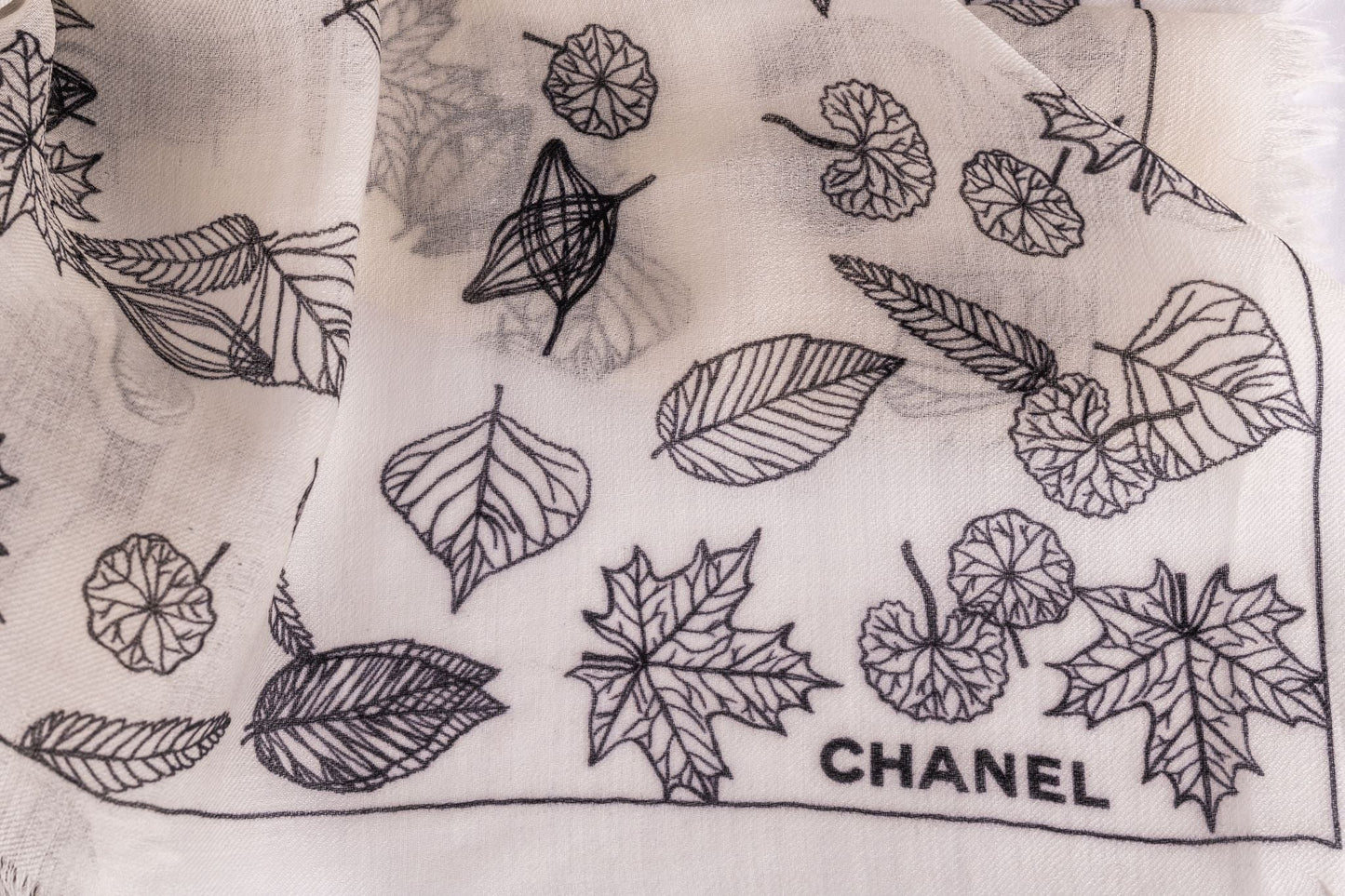 Chanel New Cashmere Shawl White Leaves