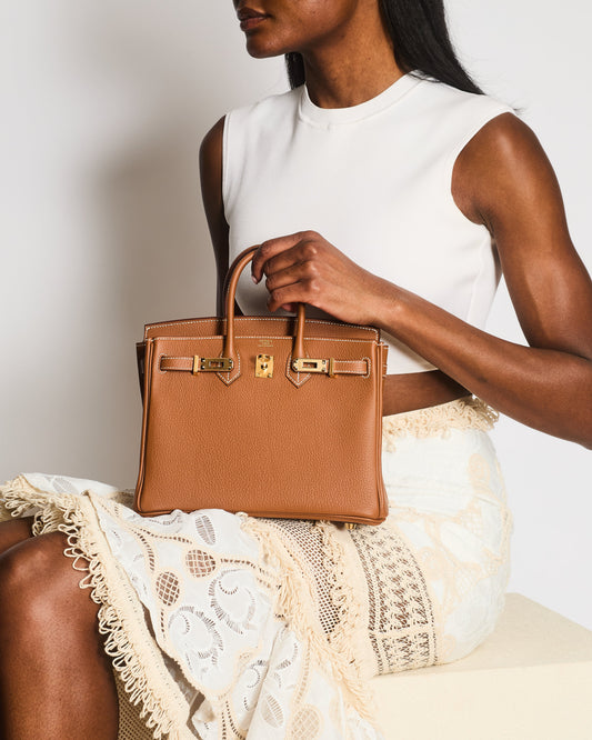 Hermes Birkin 25 Retourne Bag in Gold Togo Leather with Gold Hardware
