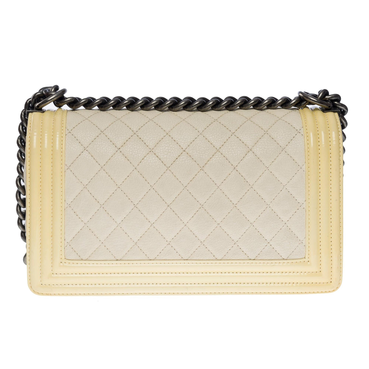 CHANEL Boy medium shoulder bag in beige caviar & Yellow patent leather, SHW
