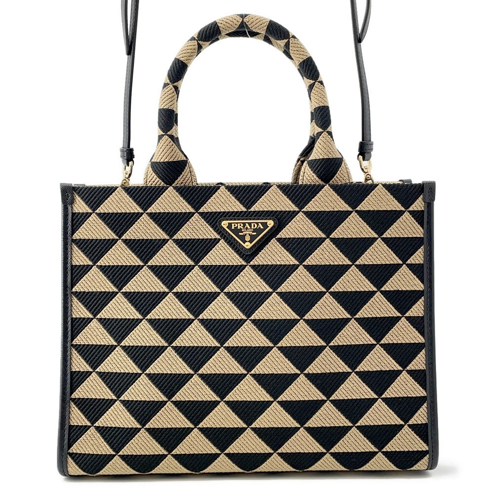 PRADA Symbol EmbroideryFabric Small Handbag Black/Beige1BA354 Jaguar Leather
