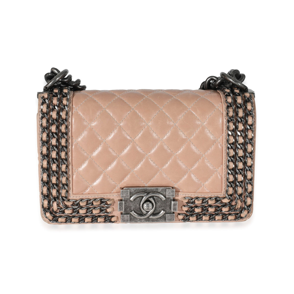 CHANEL Beige Glazed Calfskin Enchained Small Boy Bag