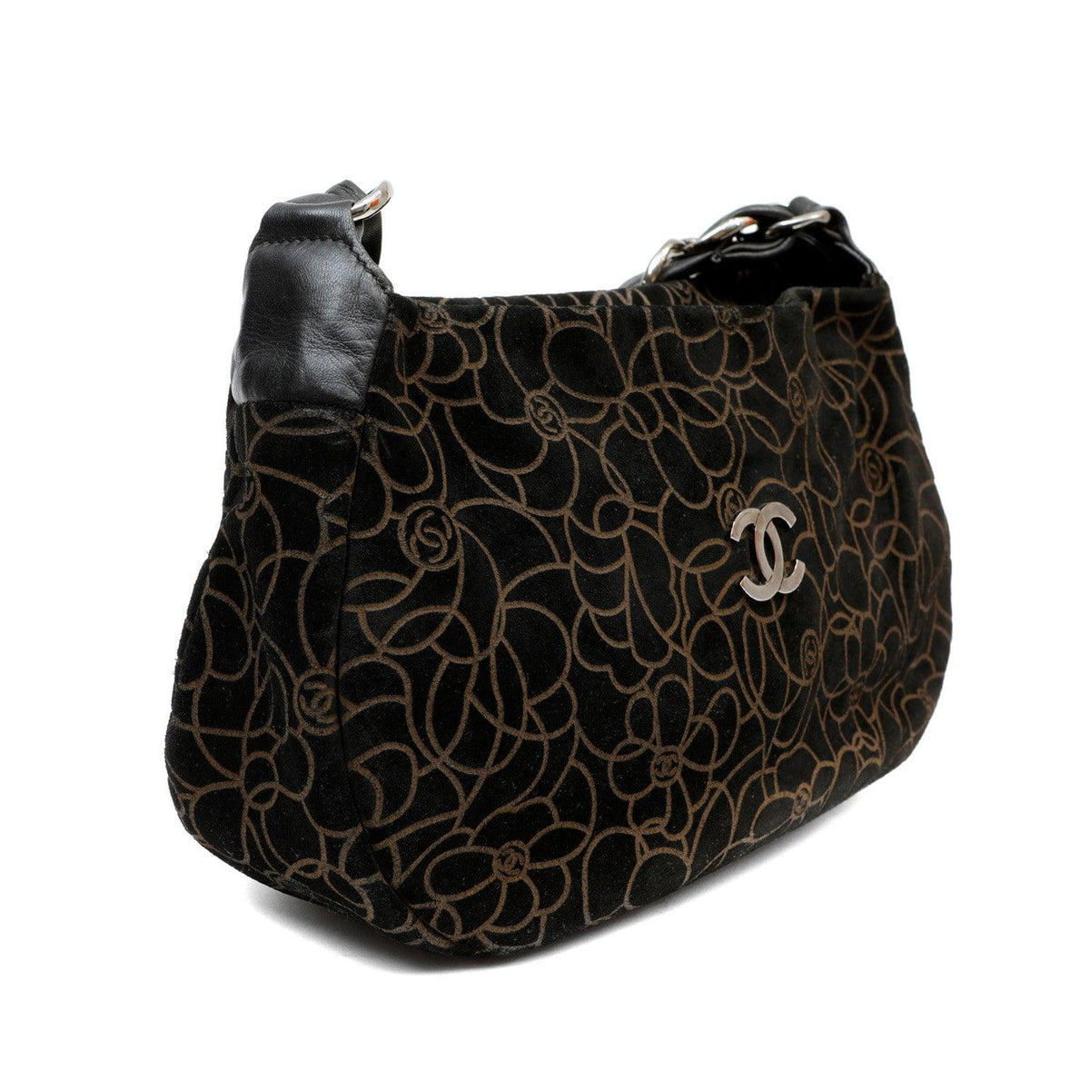 Chanel BlackxBrown Suede Shoulder Bag w/ Gold Camellias & Silver Hardware