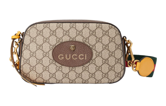 GUCCI Neo  Metallic Tiger Head Logo Stripe Webbing Shoulder Messenger Bag Unisex / / Brown / Yellow 476466-K9GVT-8856