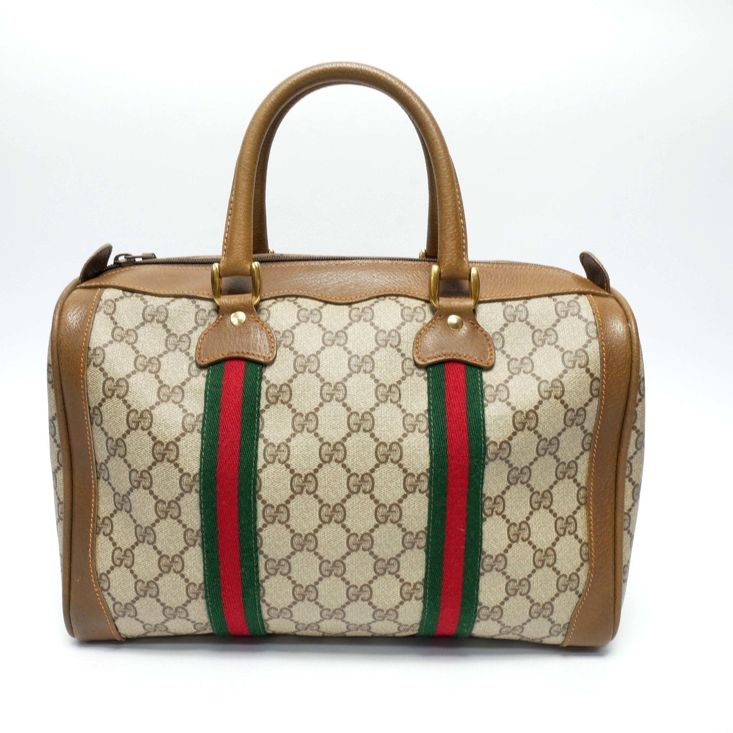 GUCCI Old Gucci  Mini Boston Bag Handbag Barrel Unisex 1970's 70'S Sherry Line GG Pattern/Leather Gold Hardware Brown/Beige