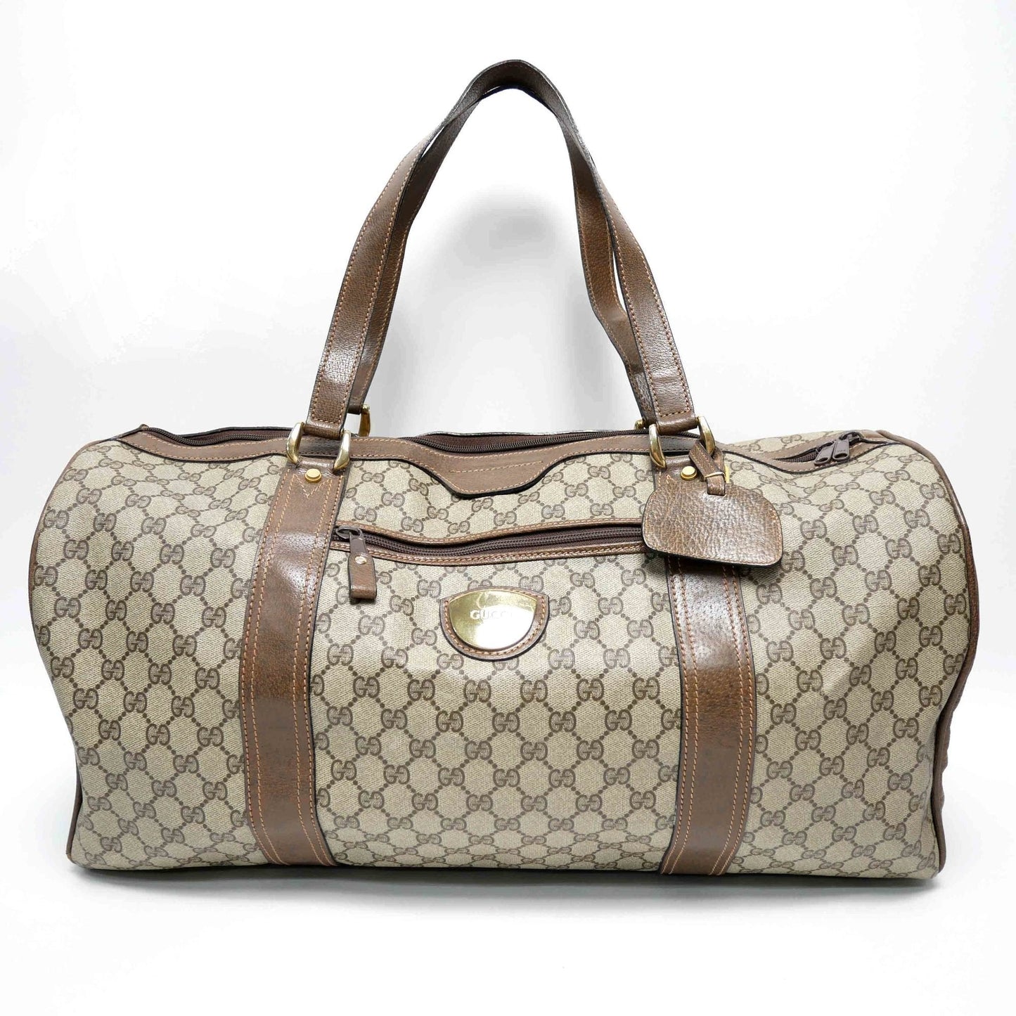 GUCCI Old Gucci  Travel Bag Boston Unisex 1970's 70'S GG Pattern / Pigskin Gold Hardware Brown Beige