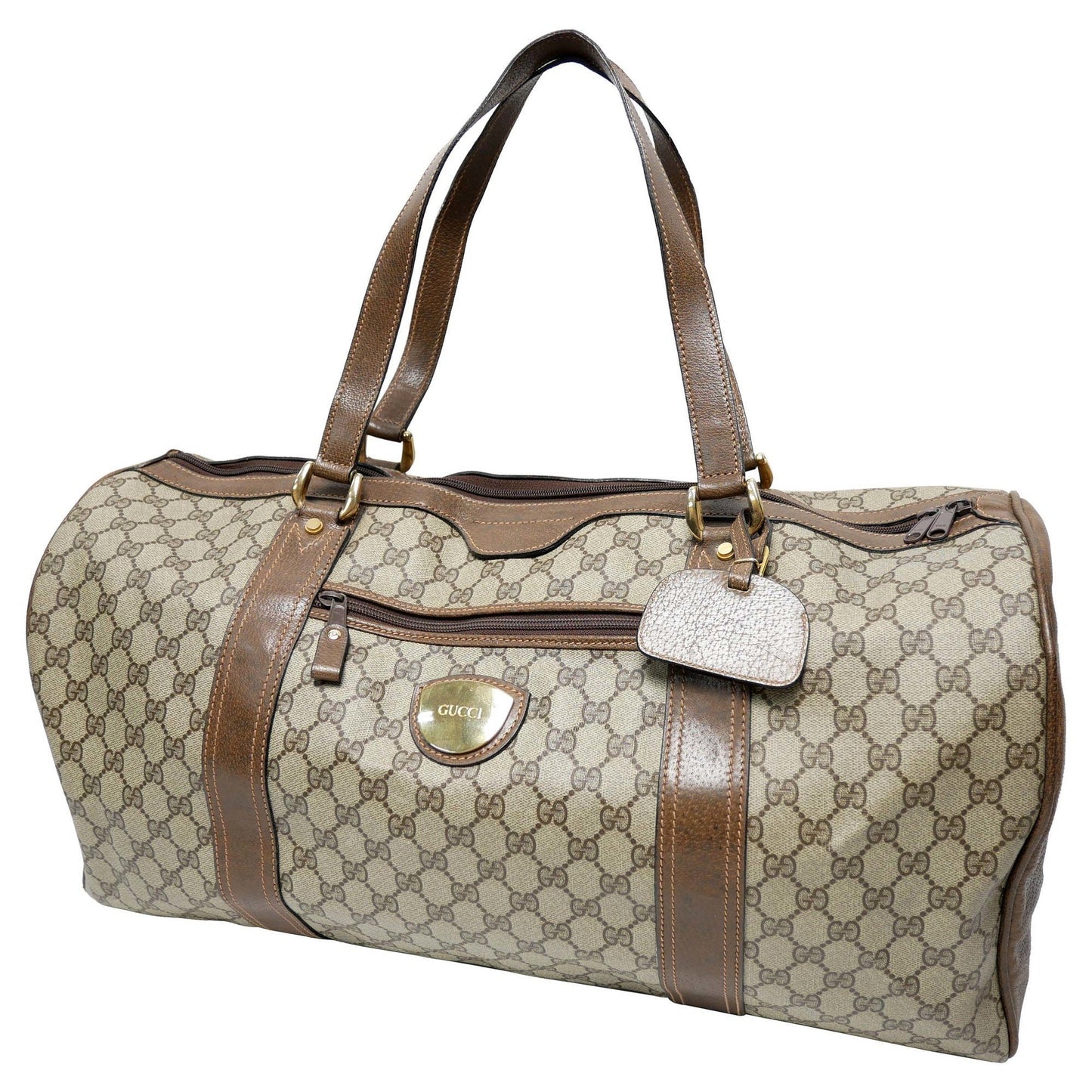 GUCCI Old Gucci  Travel Bag Boston Unisex 1970's 70'S GG Pattern / Pigskin Gold Hardware Brown Beige
