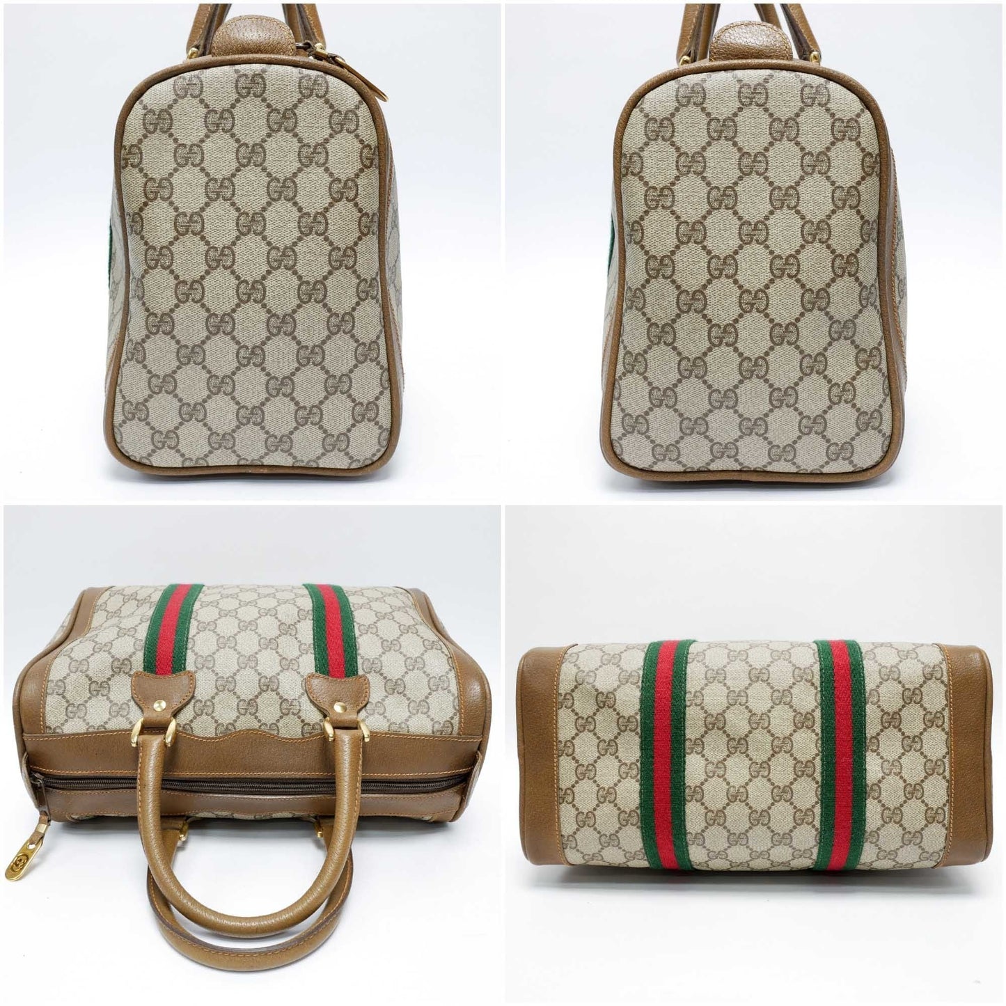 GUCCI Old Gucci  Mini Boston Bag Handbag Barrel Unisex 1970's 70'S Sherry Line GG Pattern/Leather Gold Hardware Brown/Beige
