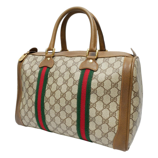 GUCCI Old Gucci  Mini Boston Bag Handbag Barrel Unisex 1970's 70'S Sherry Line GG Pattern/Leather Gold Hardware Brown/Beige
