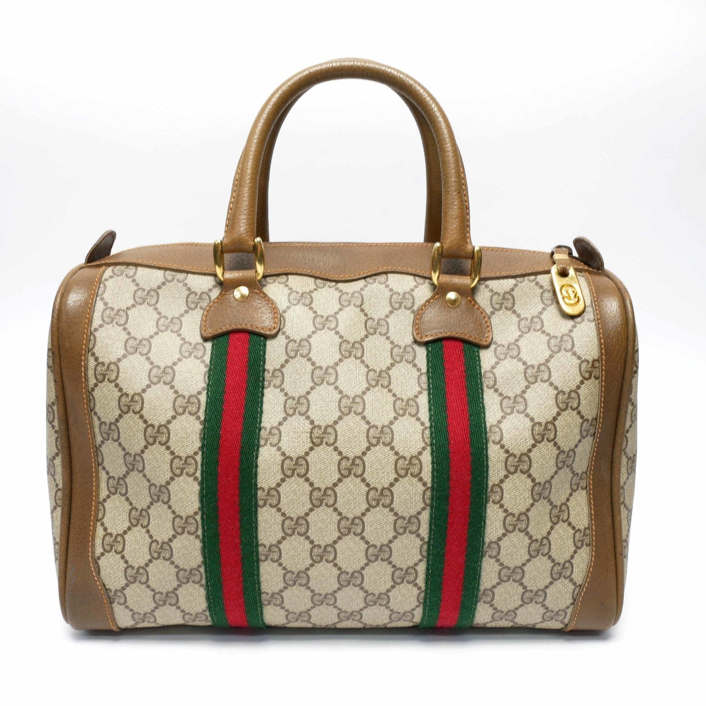 GUCCI Old Gucci  Mini Boston Bag Handbag Barrel Unisex 1970's 70'S Sherry Line GG Pattern/Leather Gold Hardware Brown/Beige