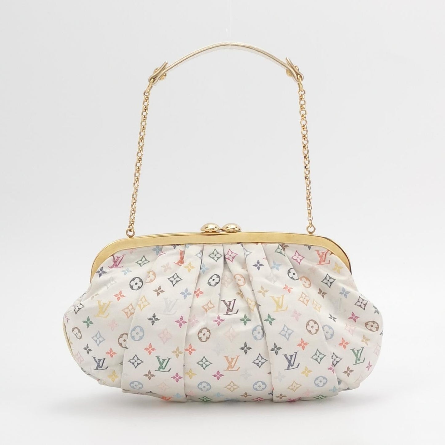 Louis Vuitton x Takashi Murakami White Monogram Satin Aumoniere Evening Clutch Bag