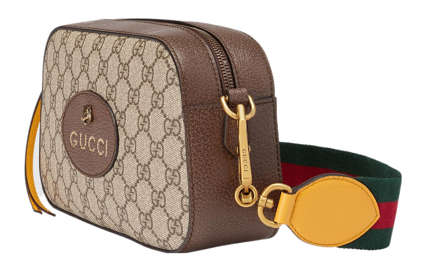 GUCCI Neo  Metallic Tiger Head Logo Stripe Webbing Shoulder Messenger Bag Unisex / / Brown / Yellow 476466-K9GVT-8856