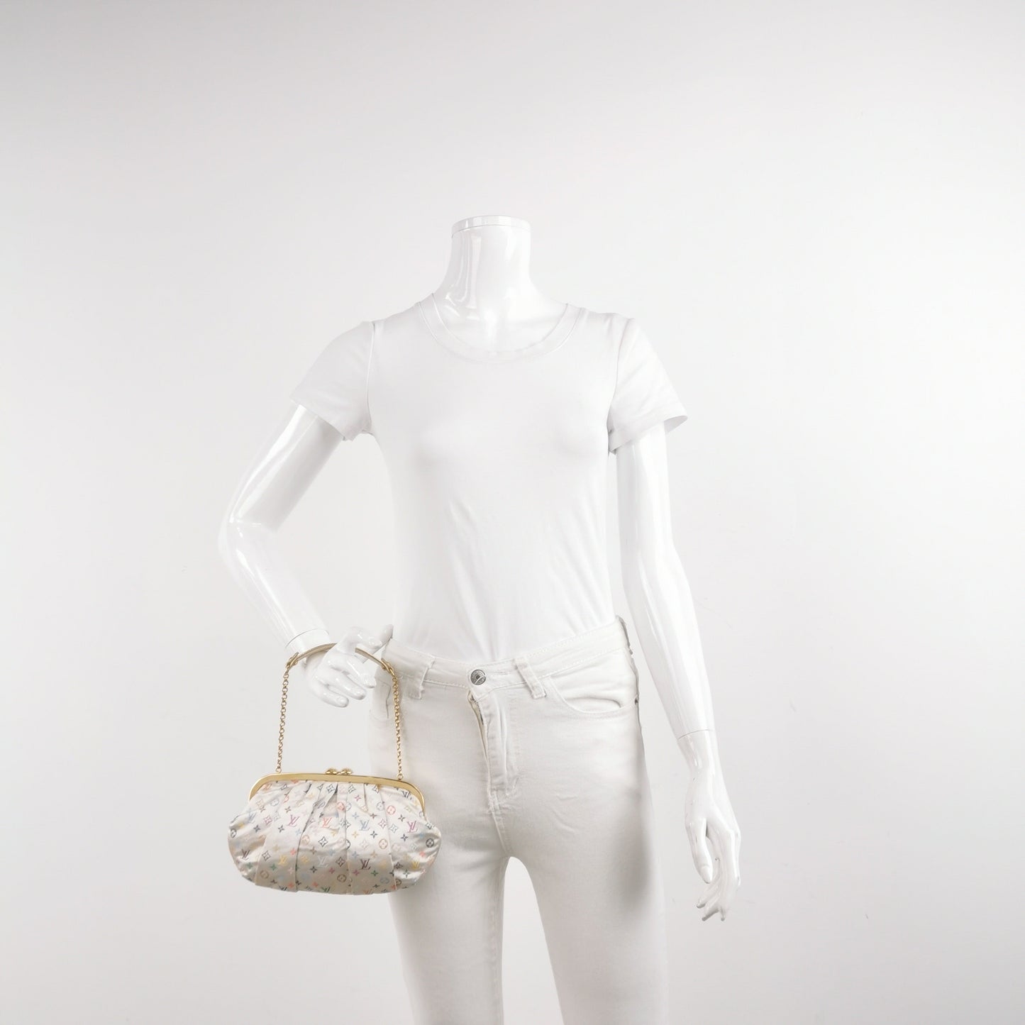 Louis Vuitton x Takashi Murakami White Monogram Satin Aumoniere Evening Clutch Bag