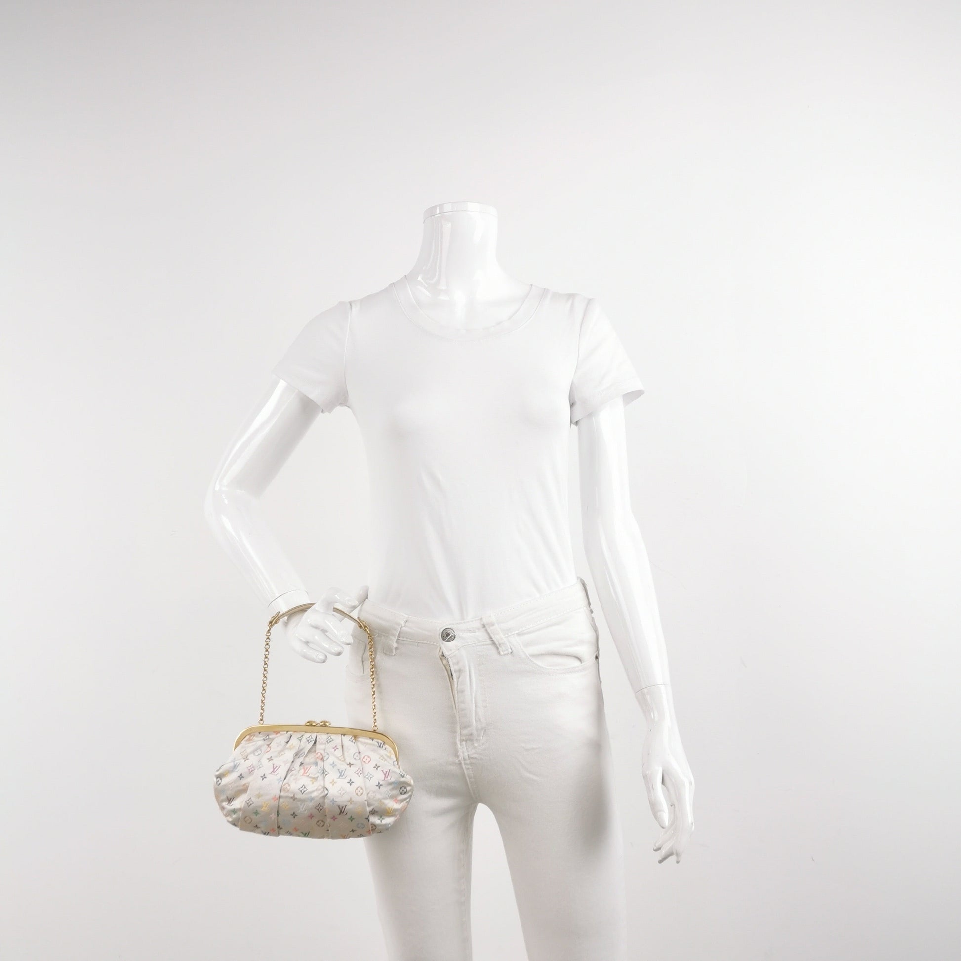 Louis Vuitton x Takashi Murakami White Monogram Satin Aumoniere Evening Clutch Bag