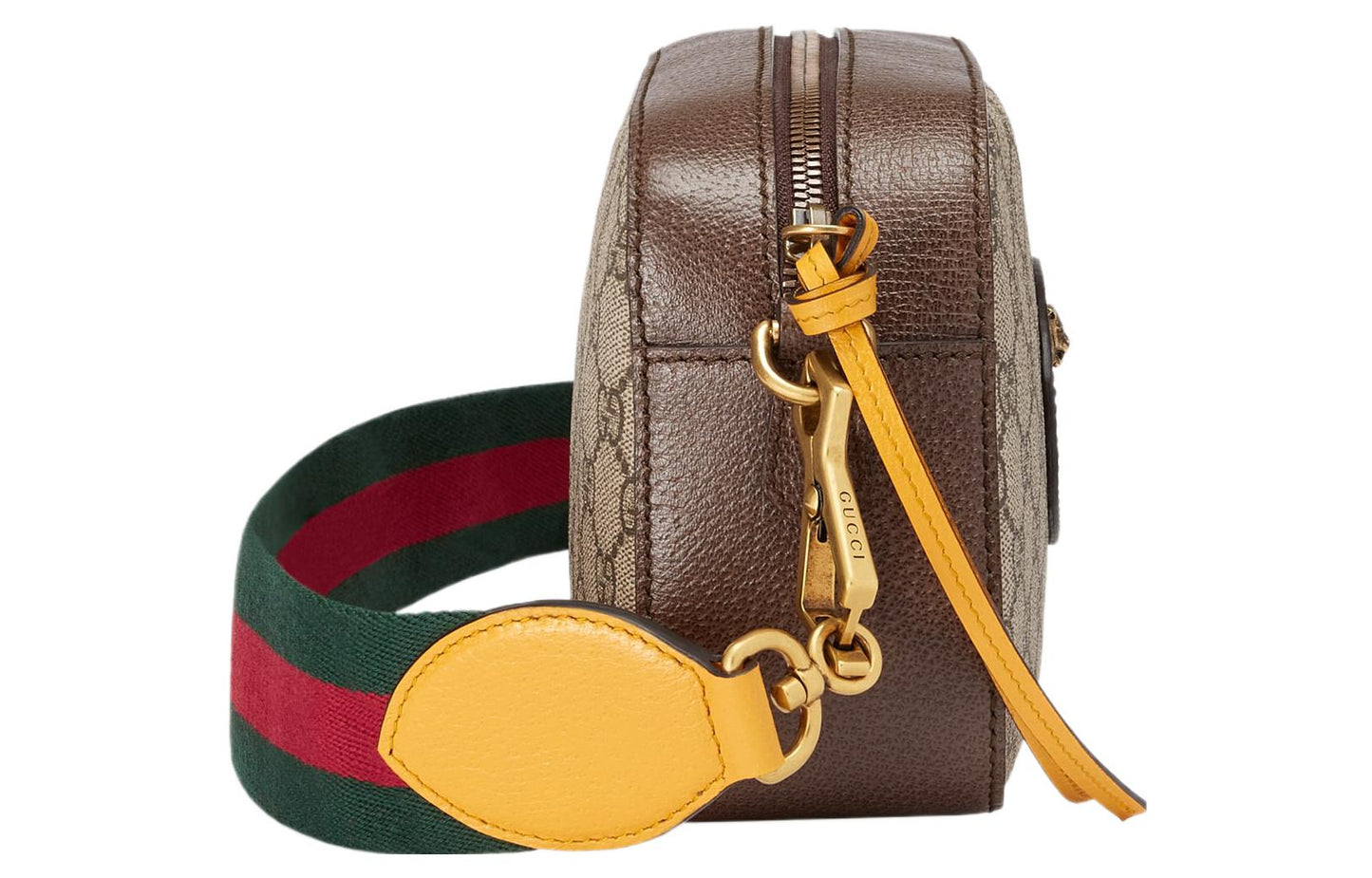 GUCCI Neo  Metallic Tiger Head Logo Stripe Webbing Shoulder Messenger Bag Unisex / / Brown / Yellow 476466-K9GVT-8856