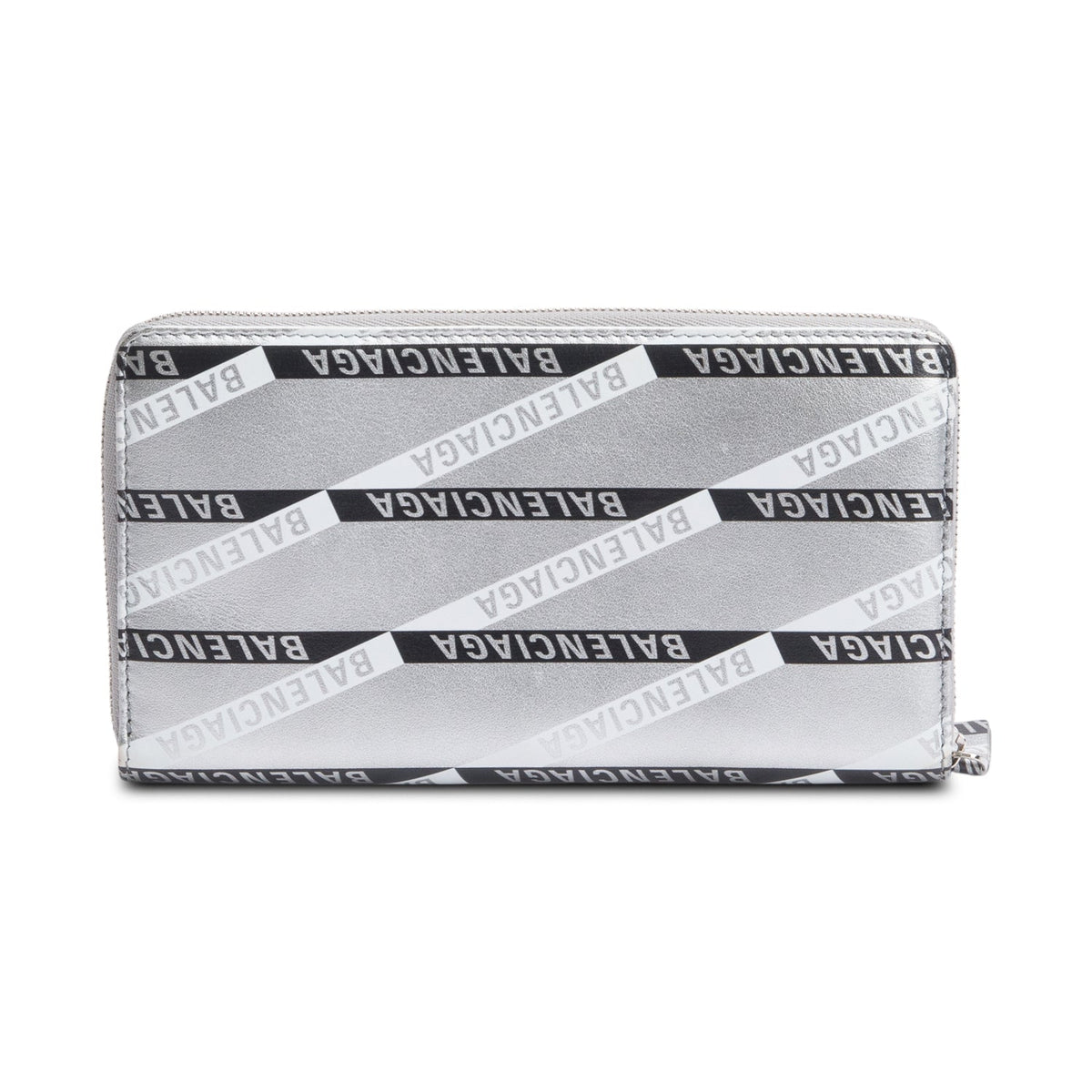 Balenciaga Metallic Silver Logo Print Calfskin Leather Everyday Zip Around Wallet