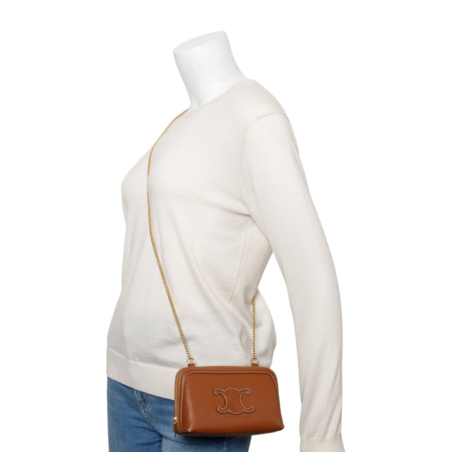 Celine 2022 Tan Calfskin Leather Triomphe Clutch On Chain