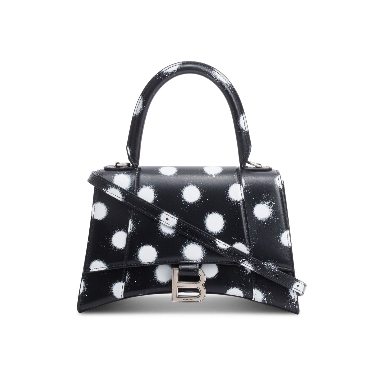 Balenciaga Black Smooth Leather Spray Polka Dot Small Hourglass Top Handle Bag