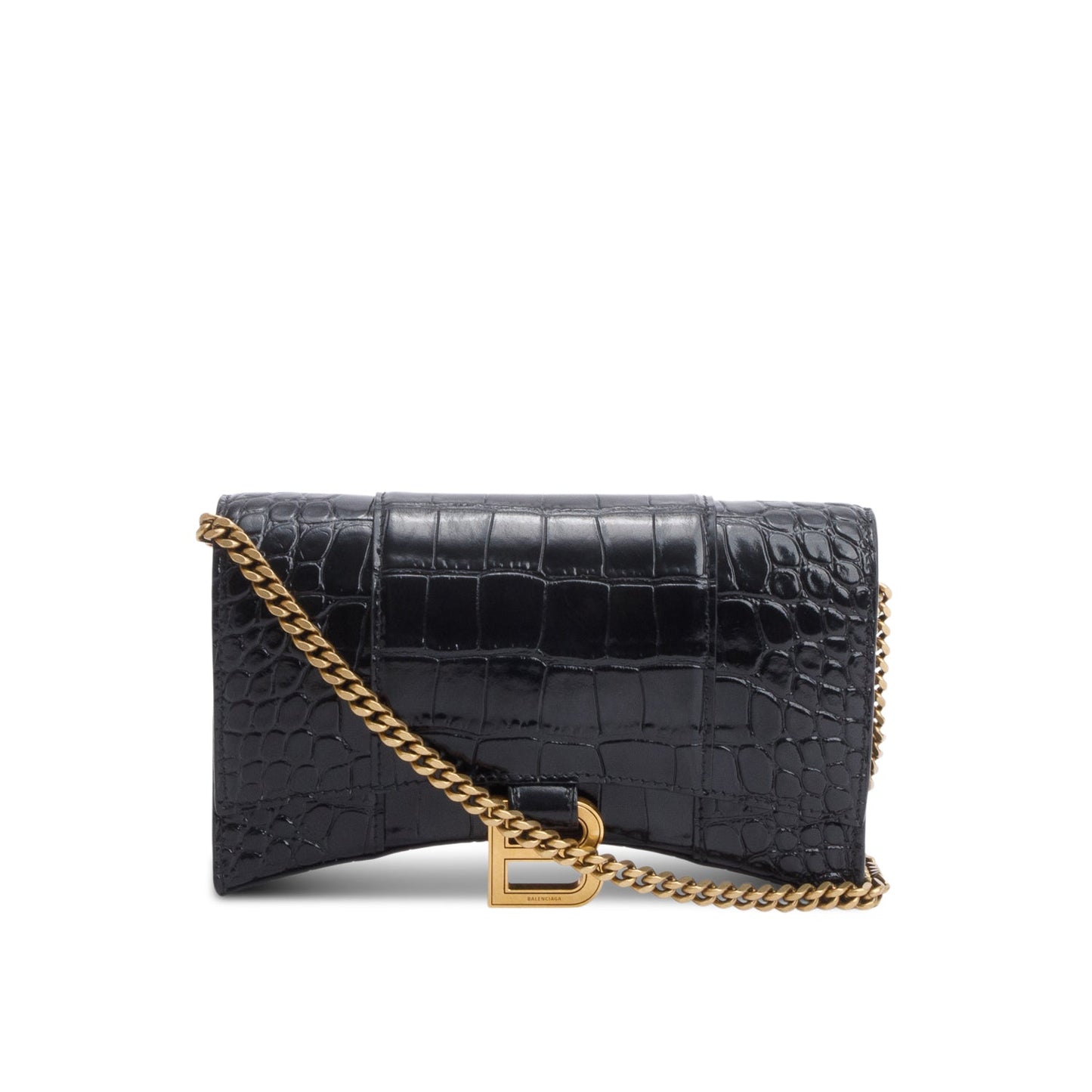 Balenciaga Black Shiny Calfskin Croc Embossed Hourglass Wallet on Chain