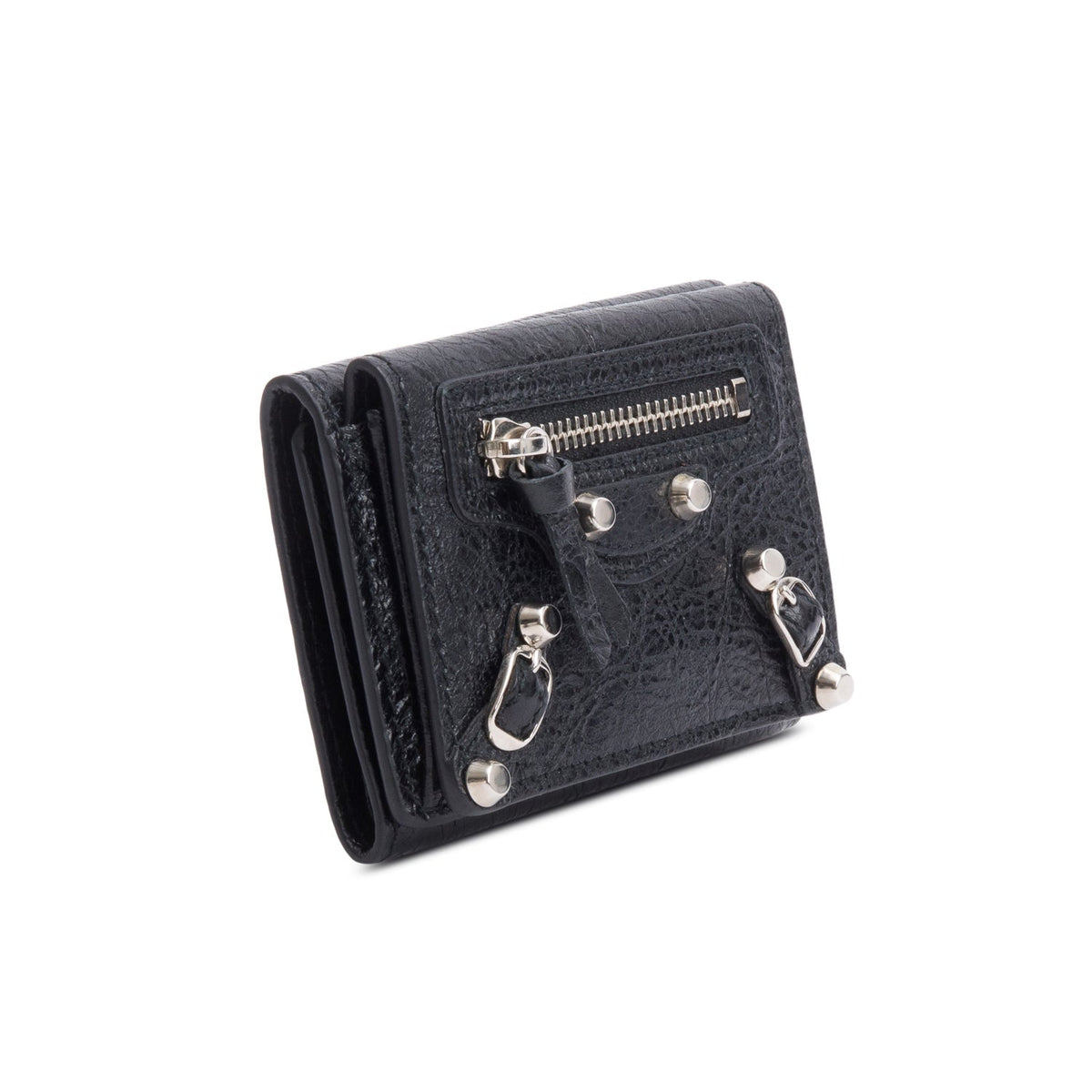 Balenciaga Black Crinkled Calfskin Leather City Mini Trifold Compact Wallet