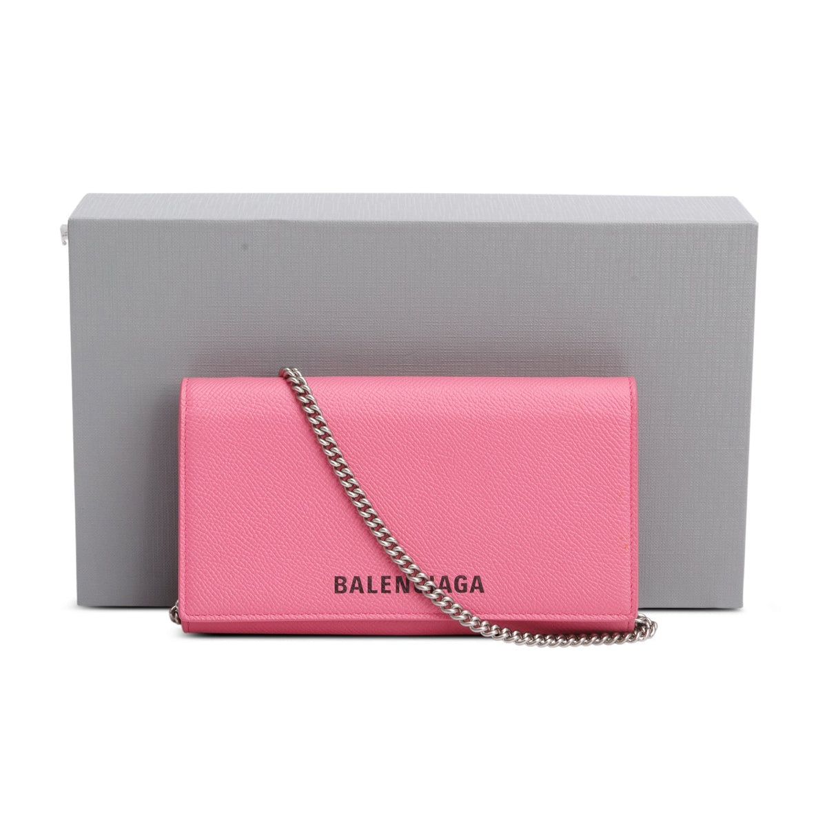 Balenciaga Pink Pebbled Calfskin Logo Everyday Flap Chain Wallet