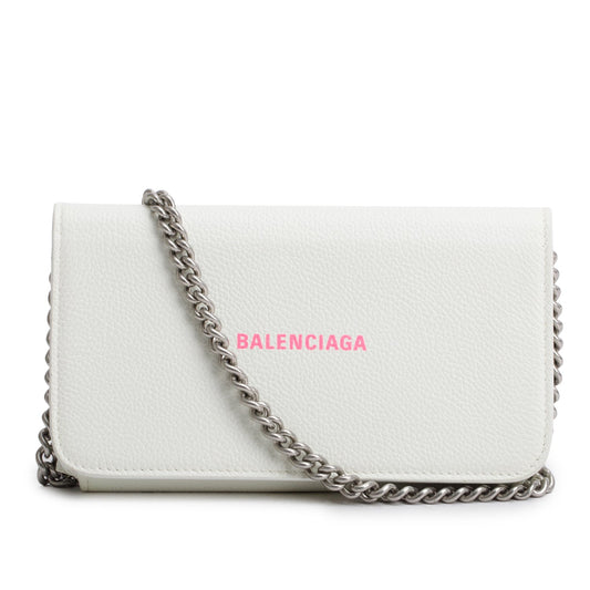Balenciaga White Pebbled Calfskin Logo Everyday Flap Chain Wallet