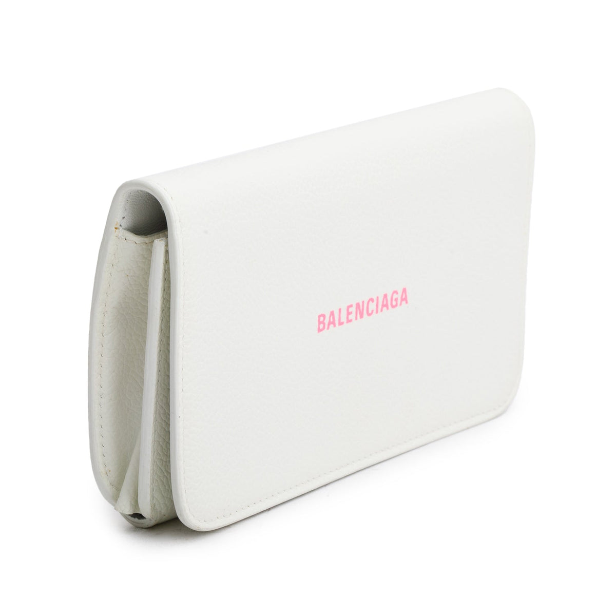 Balenciaga White Pebbled Calfskin Logo Everyday Flap Chain Wallet