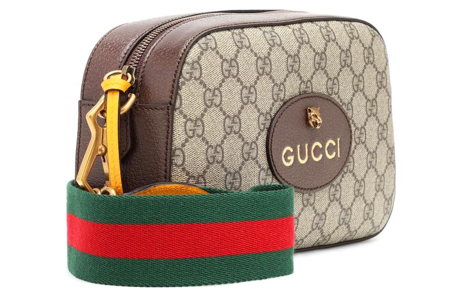 GUCCI Neo  Metallic Tiger Head Logo Stripe Webbing Shoulder Messenger Bag Unisex / / Brown / Yellow 476466-K9GVT-8856