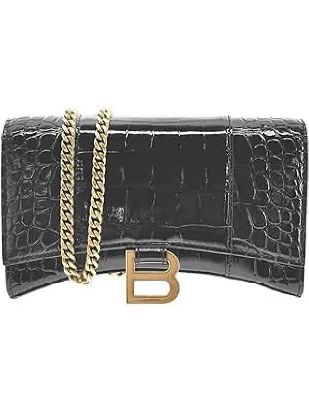 Luxury Balenciaga Trending 2025 Hourglass Chain Crocodile Embossed Calfskin Medium Wallet Black