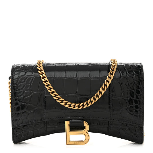 BALENCIAGA HOURGLASS CROC EMBOSSED WALLET ON CHAIN
