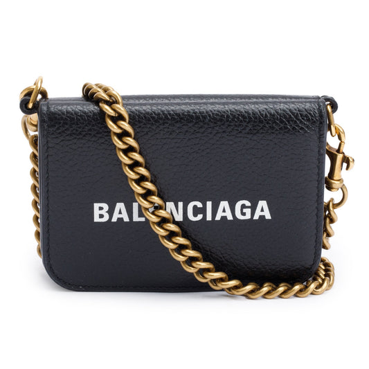 Balenciaga Black Calfskin Leather Logo Mini Cash Mini Wallet On Chain