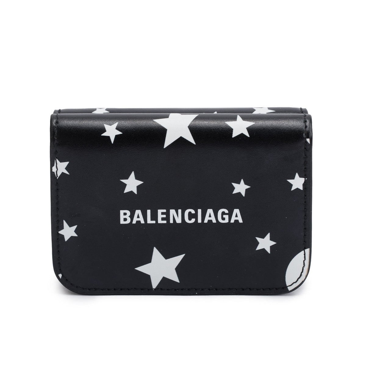 Balenciaga Black Calfskin Leather Logo Star Everyday Mini Compact Wallet