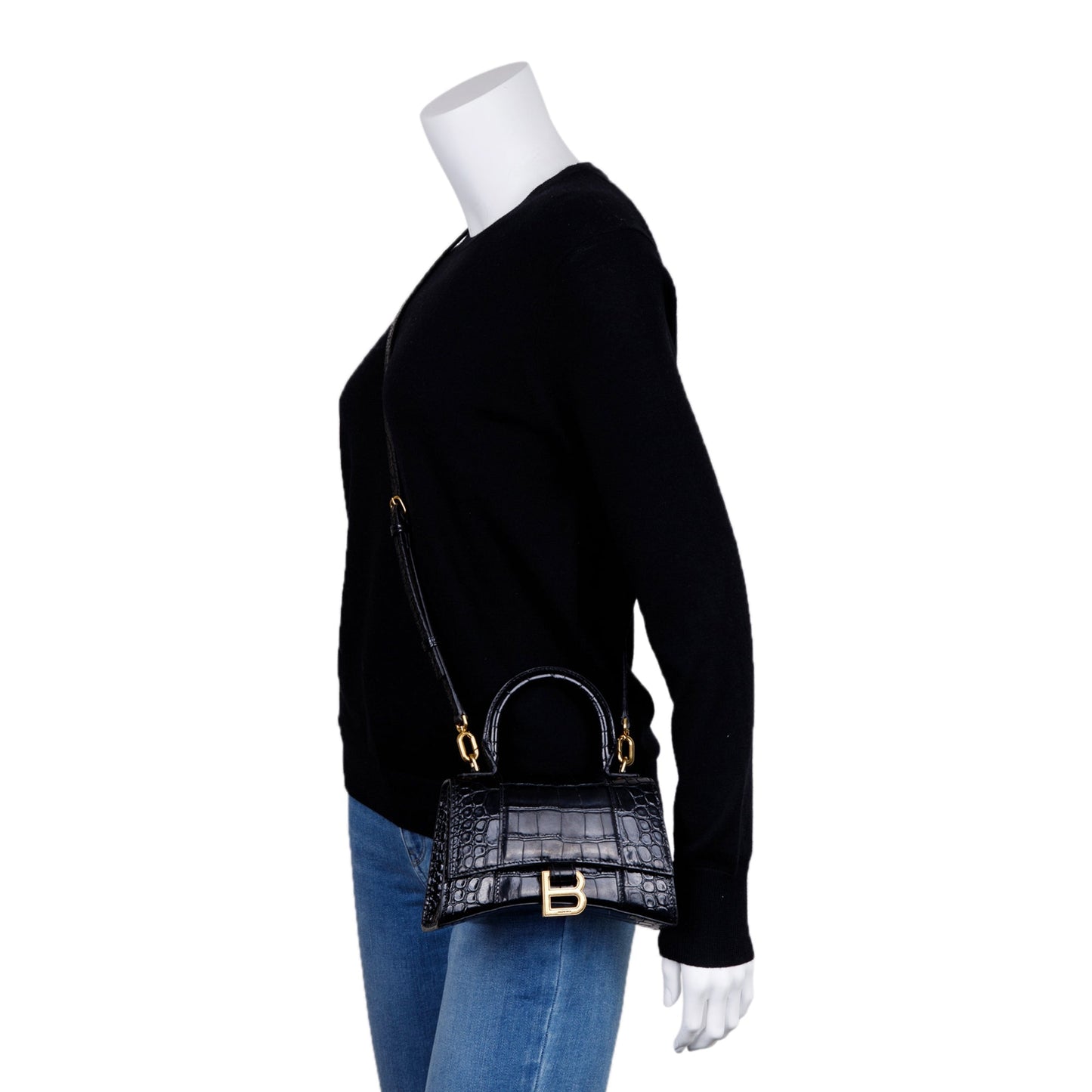 Balenciaga Black Croc-Embossed Hourglass XS Top Handle Bag