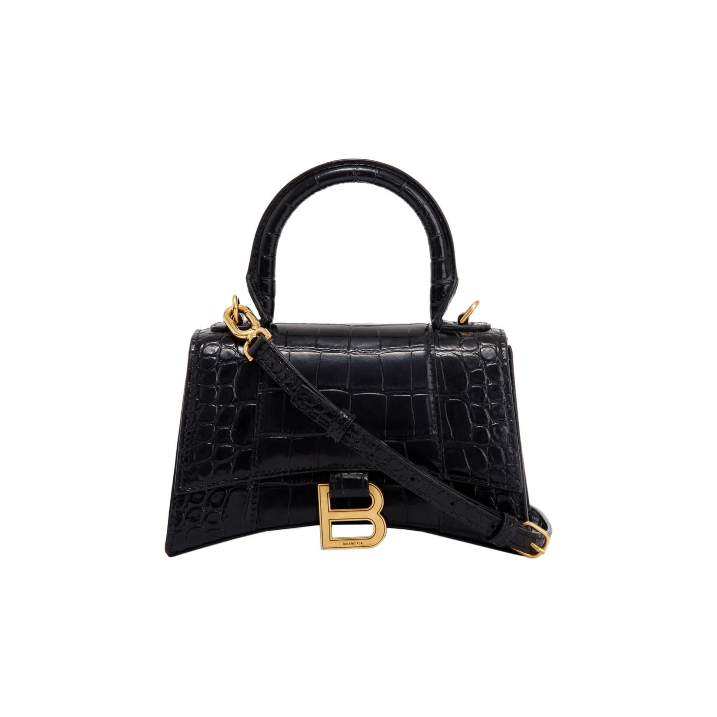 Balenciaga Black Croc-Embossed Hourglass XS Top Handle Bag