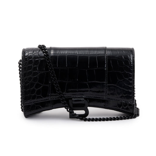 Balenciaga Black Croc-Embossed Leather Hourglass Wallet on Chain