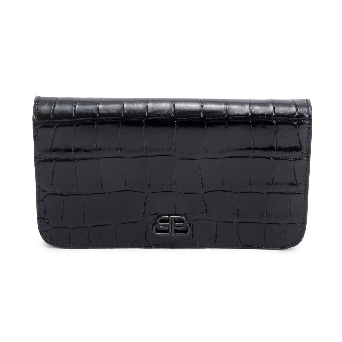 Balenciaga Black Croc-Embossed Leather Phone Holder Wallet on Chain