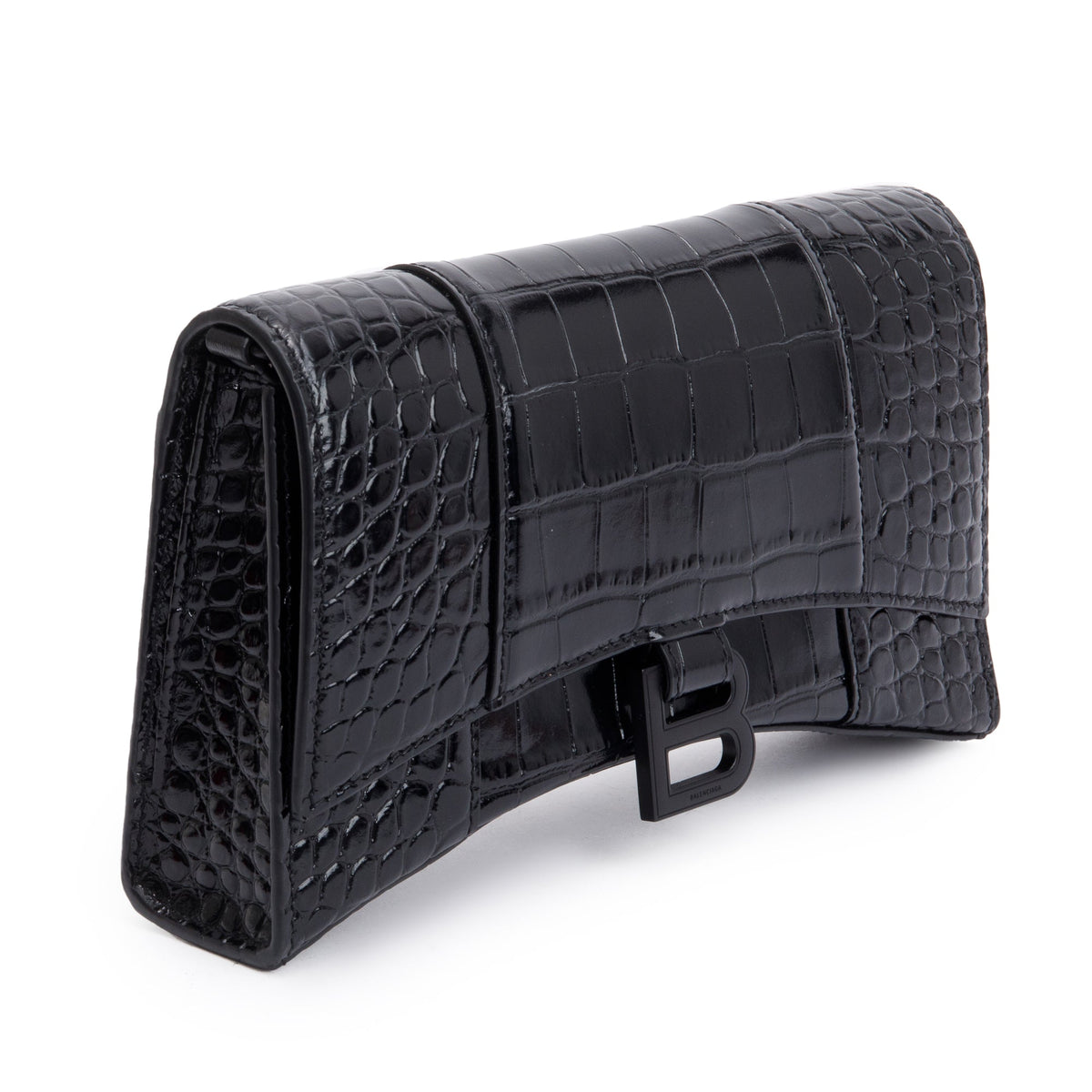 Balenciaga Black Monochrome Croc-Embossed Leather Hourglass Chain Wallet