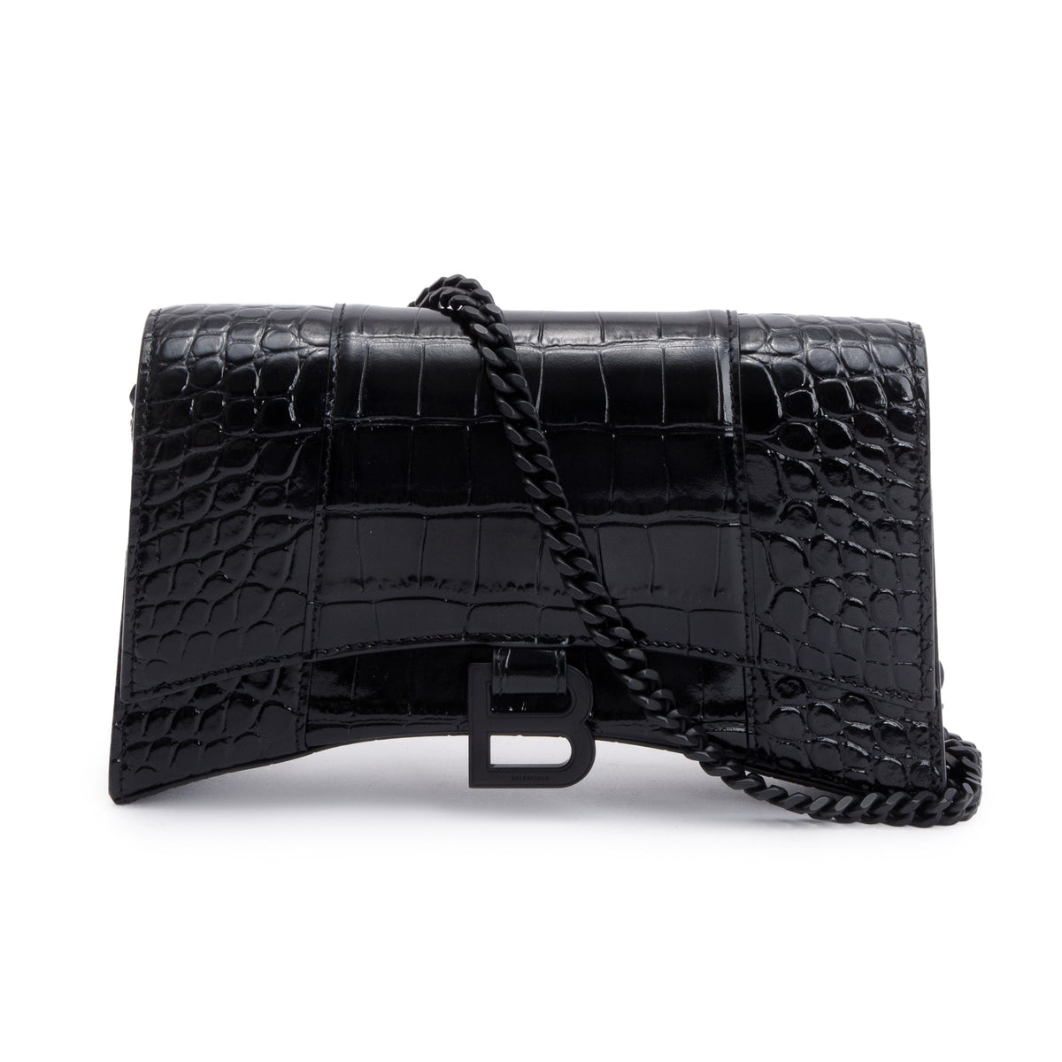 Balenciaga Black Monochrome Croc-Embossed Leather Hourglass Chain Wallet