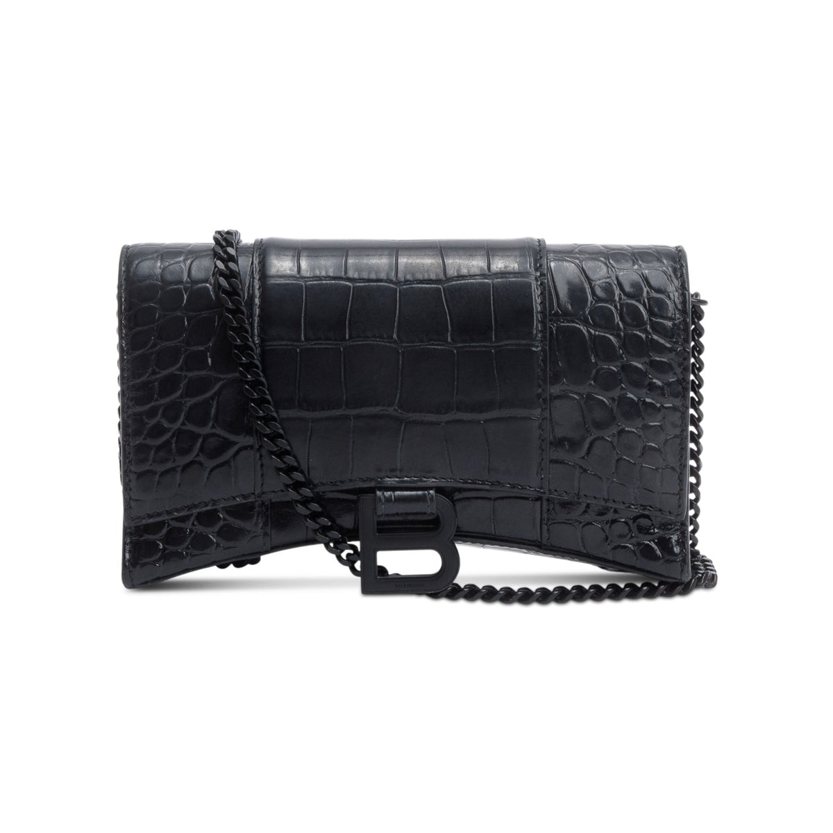 Balenciaga Black Monochrome Croc-Embossed Leather Hourglass Chain Wallet