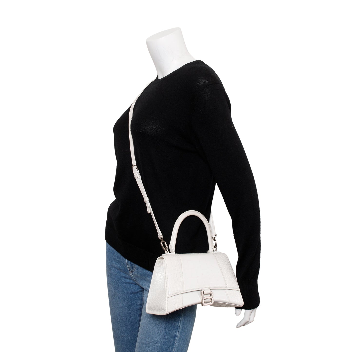 Balenciaga White Croc Embossed Leather Small Hourglass Top Handle Bag