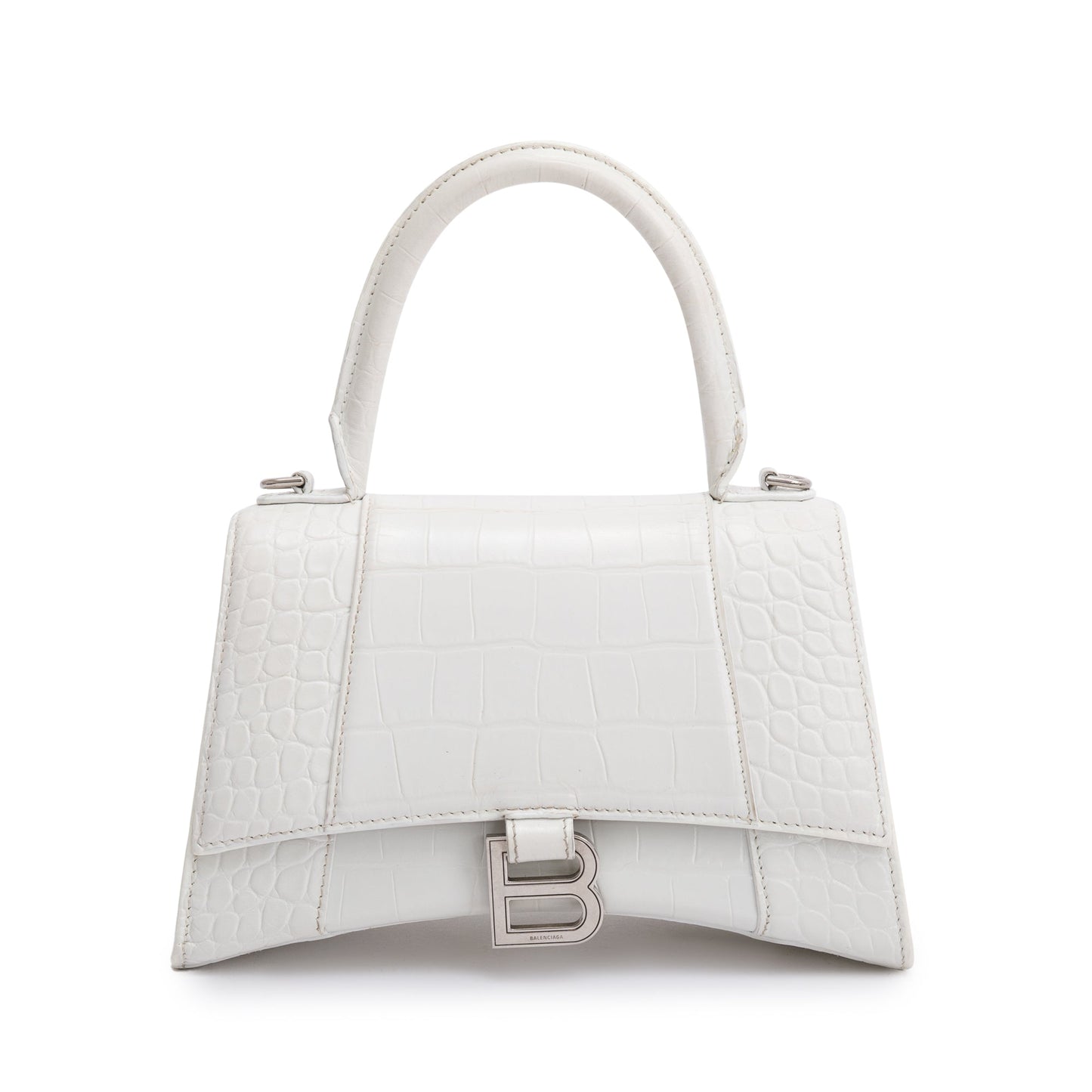 Balenciaga White Croc Embossed Leather Small Hourglass Top Handle Bag