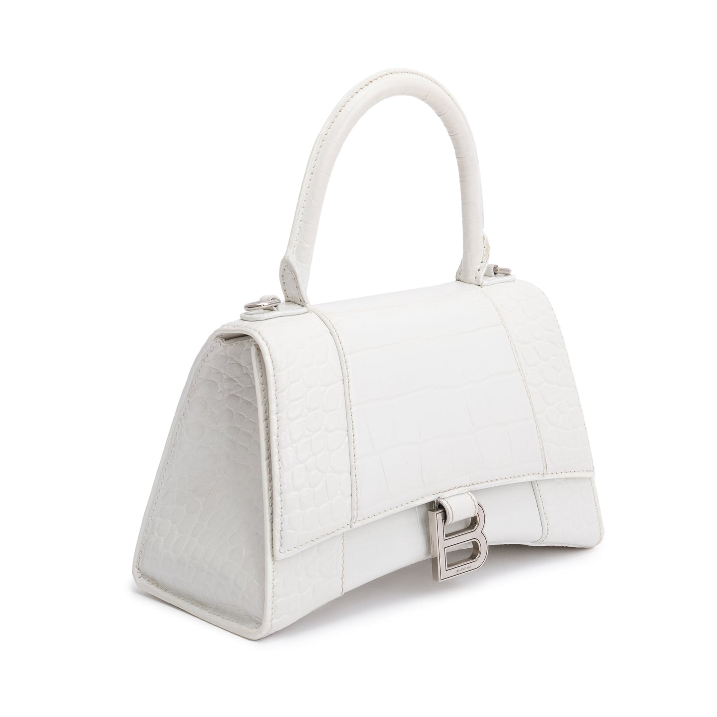 Balenciaga White Croc Embossed Leather Small Hourglass Top Handle Bag