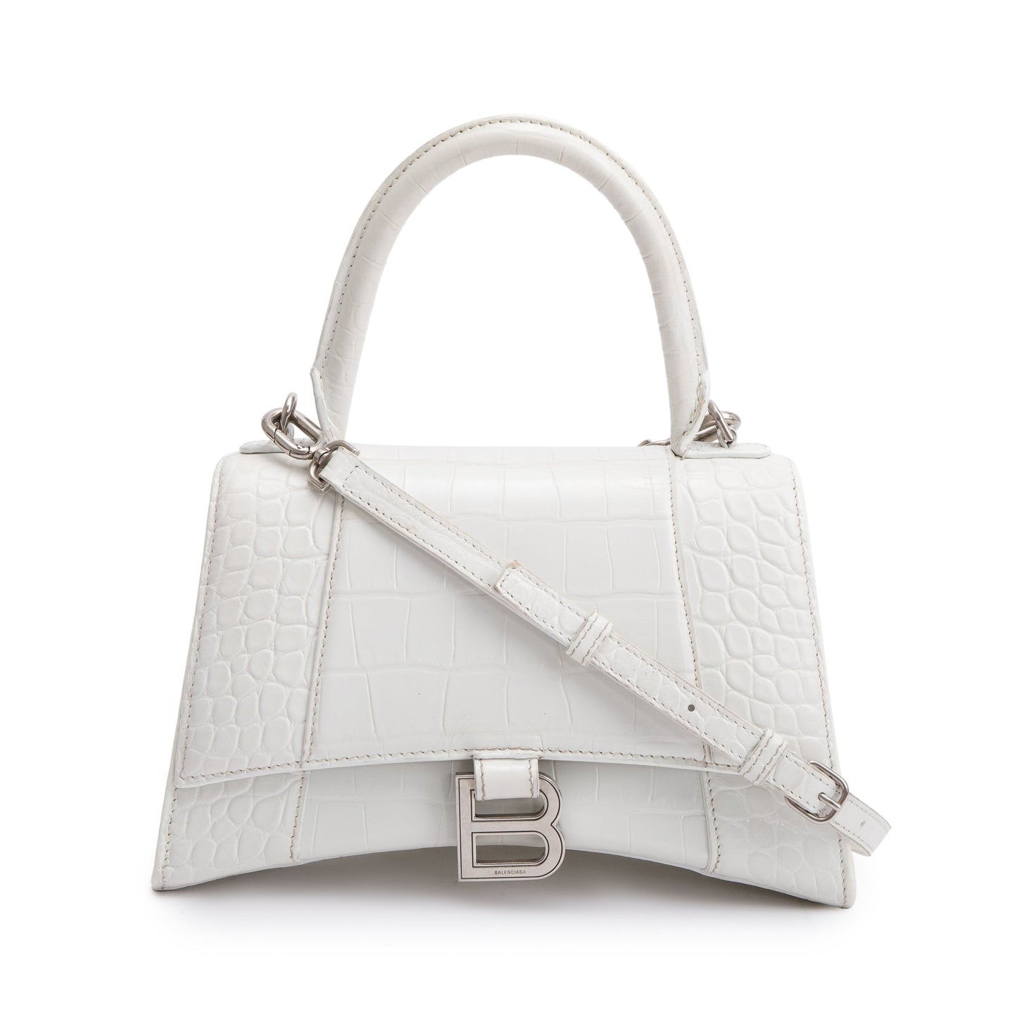 Balenciaga White Croc Embossed Leather Small Hourglass Top Handle Bag