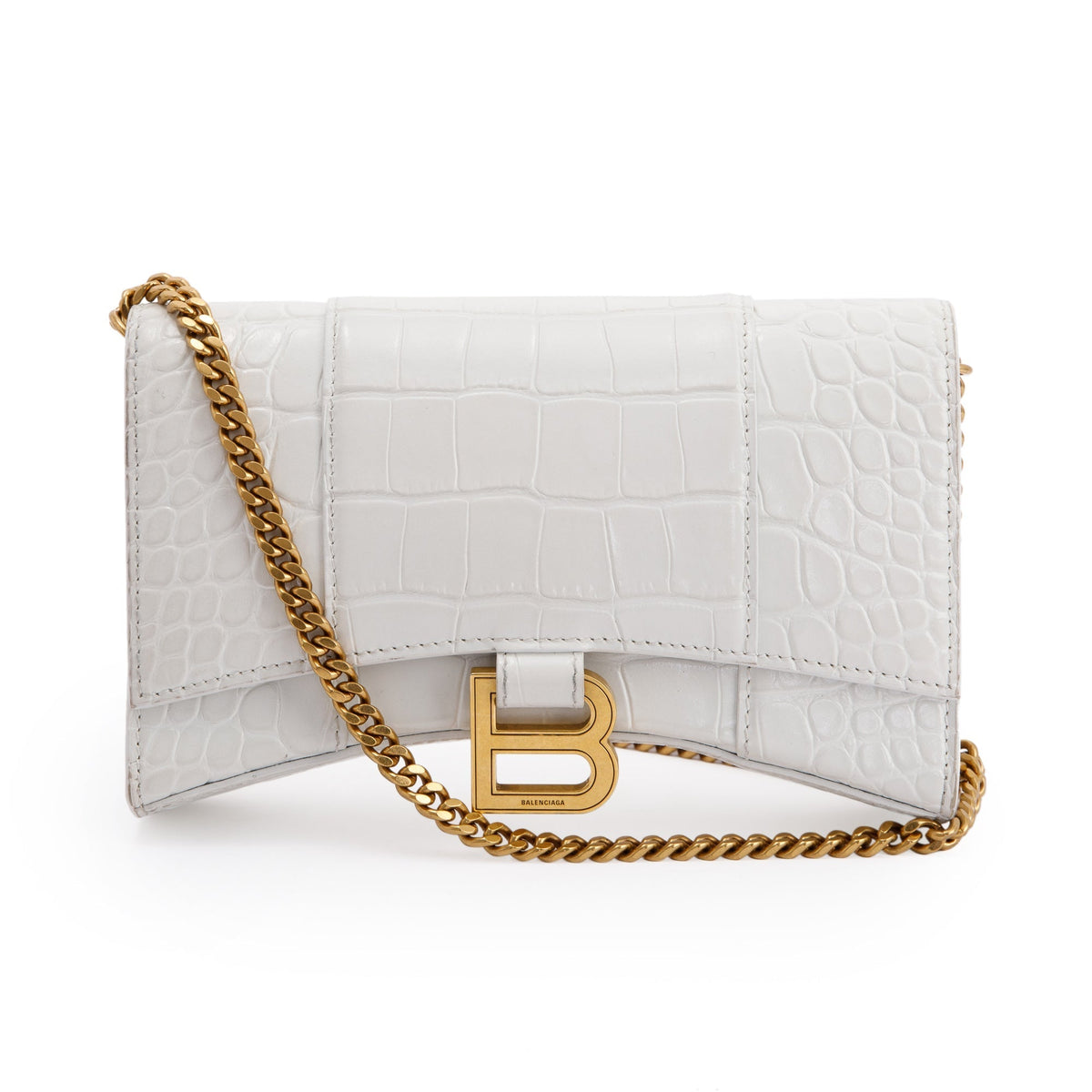 Balenciaga White Crocodile Embossed Hourglass Wallet on Chain