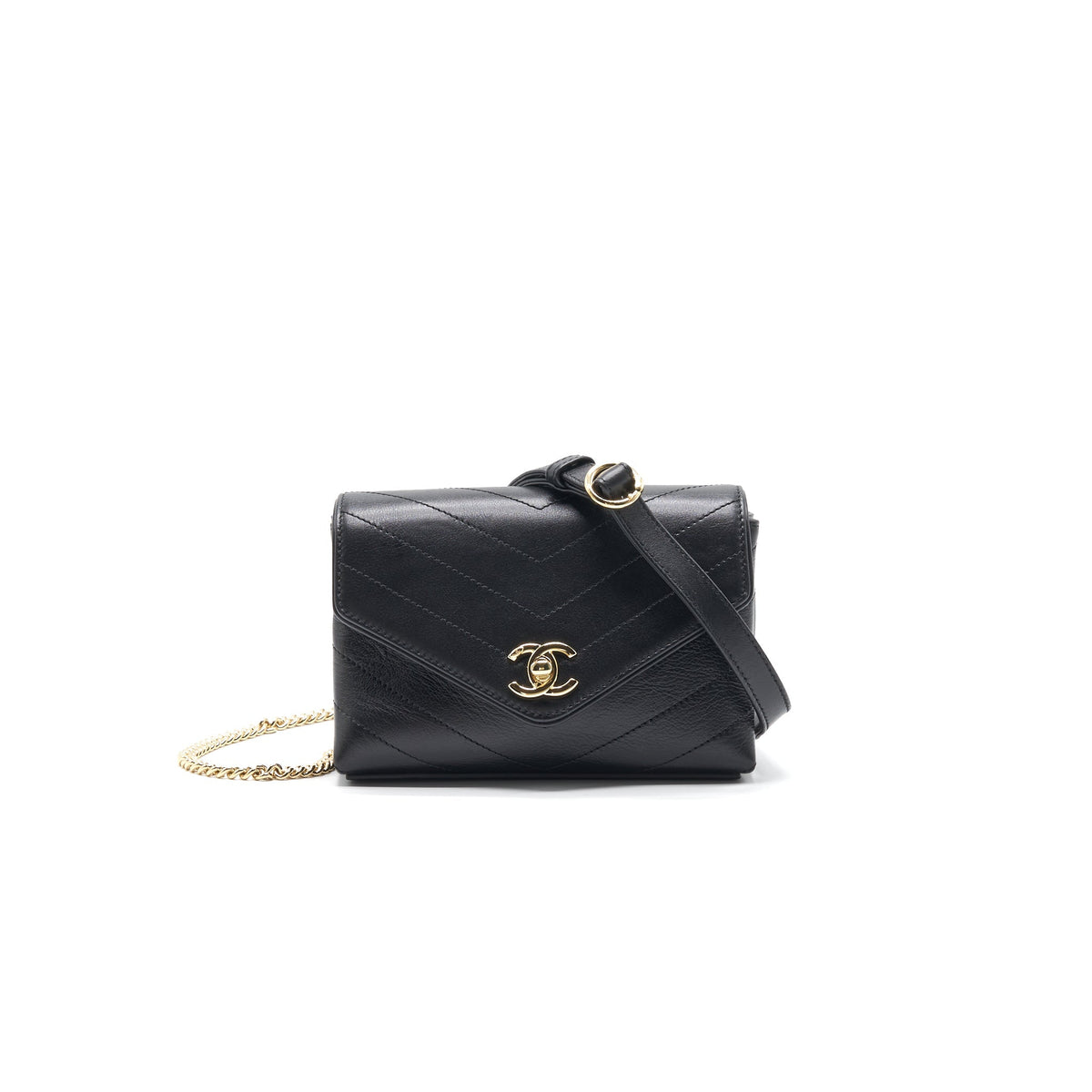 Chanel Calfskin Chevron Leather Chain Waist Bag Black GHW