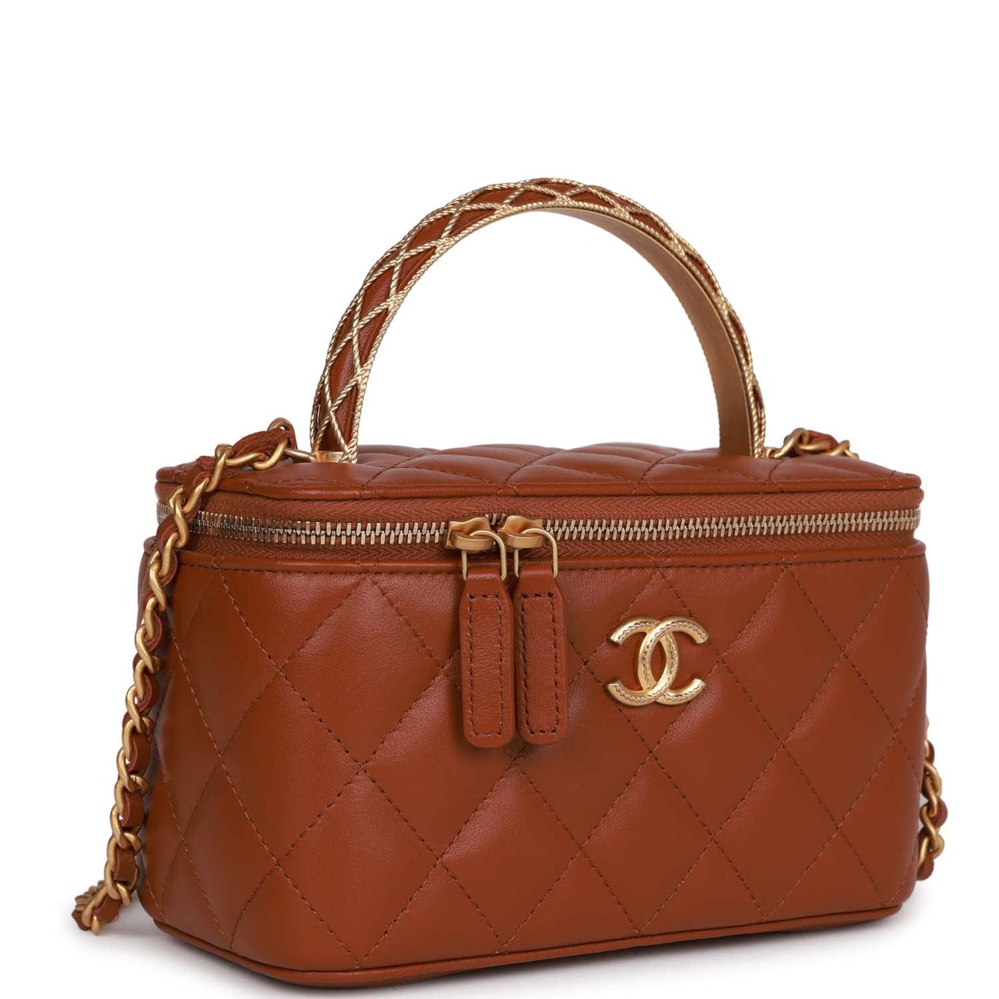 Chanel Small Top Handle Vanity Case Brown Lambskin Brushed Gold Hardware Handbag